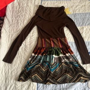 Double zero brand brown cowl mixed pattern dress